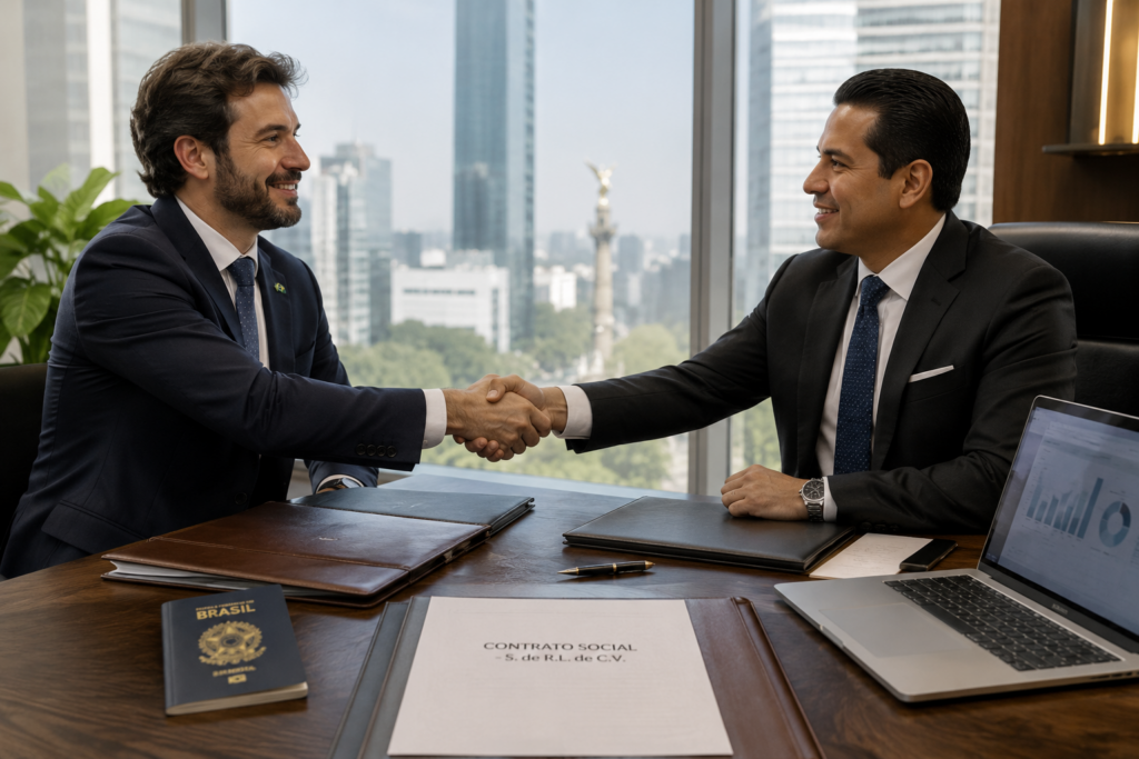 Investidor brasileiro e representante legal no México formalizando abertura de empresa na Cidade do México