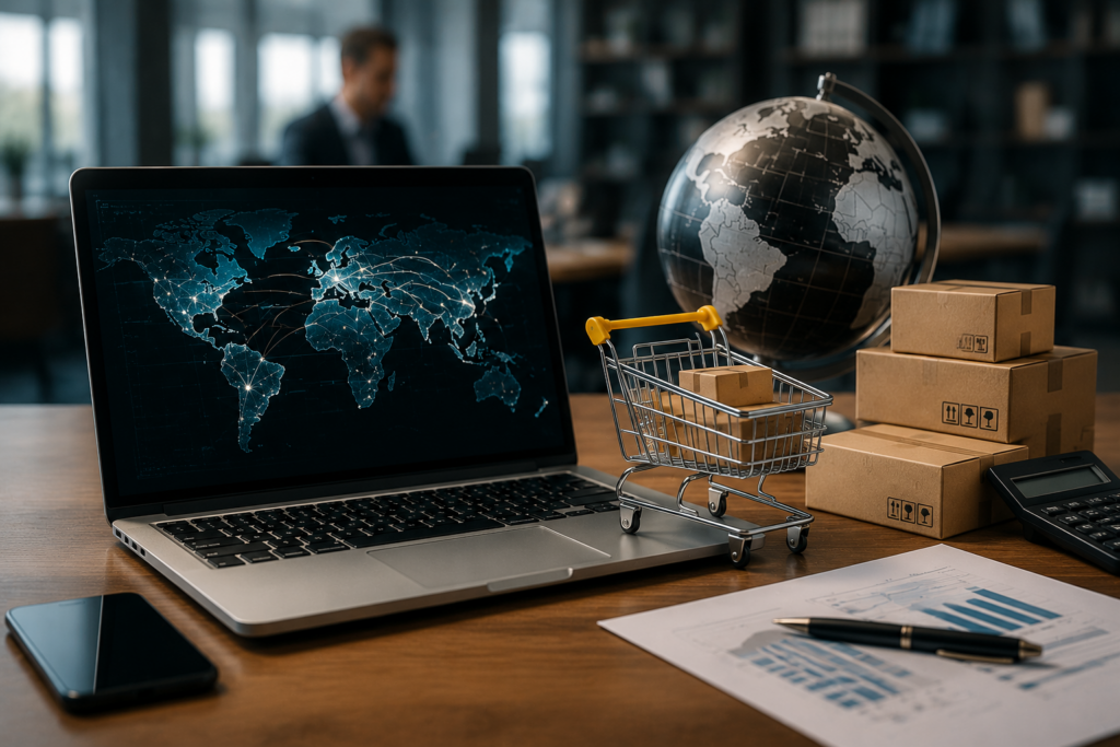 Laptop com mapa global, pacotes de ecommerce e carrinho de compras representando pagamentos cross-border, gateways internacionais e riscos de bloqueio em operações de dropshipping