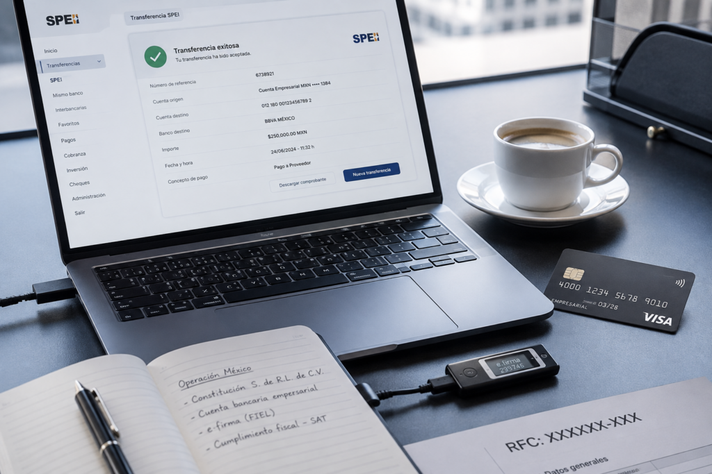 ALT Text:Notebook com transferência SPEI, e.firma e conta bancária empresarial para empresa no México